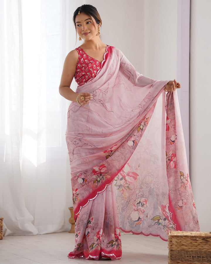 Pink Color Chinnon Silk Printed Saree