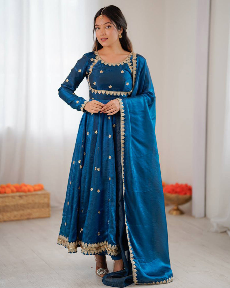 Navy Blue Color Fendi Silk Thread Embroidered Anarkali Suit