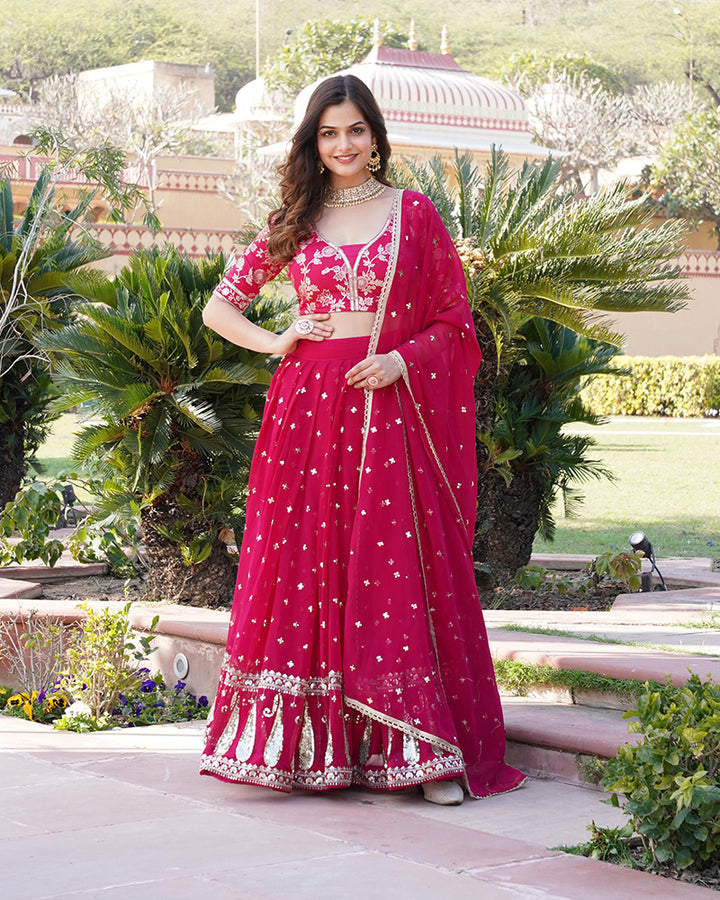Wedding Wear Rani Pink Color Blooming Embroidery Lehenga Choli