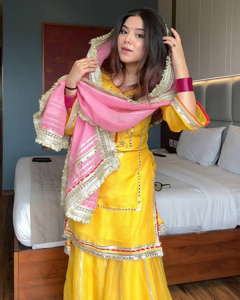 Yellow Color Chinon Silk Embroidered Sharara Suit