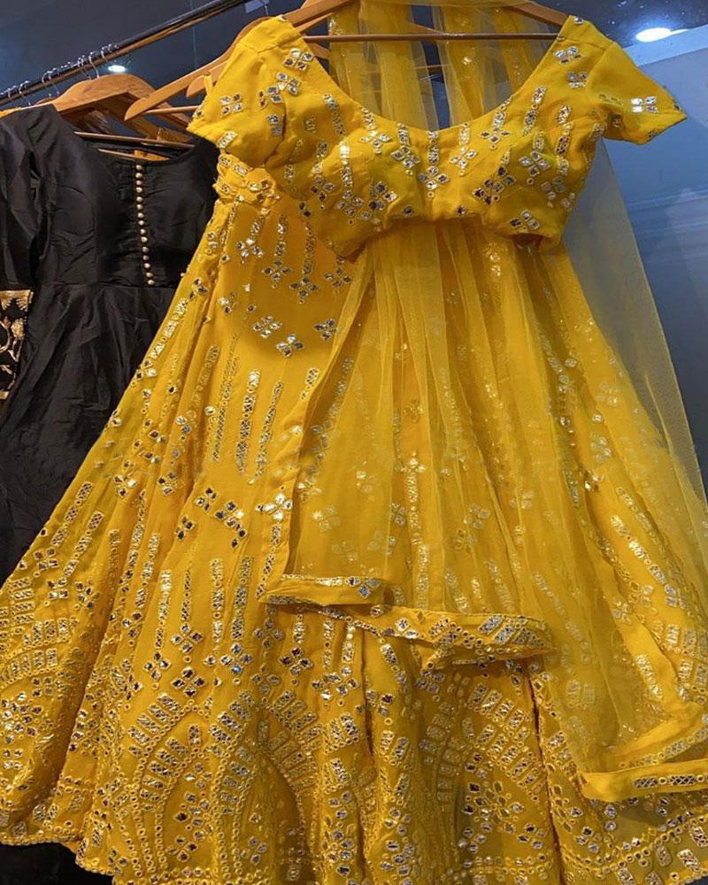 Yellow Paper Mirror Work Georgette Party Wear Lehenga Choli