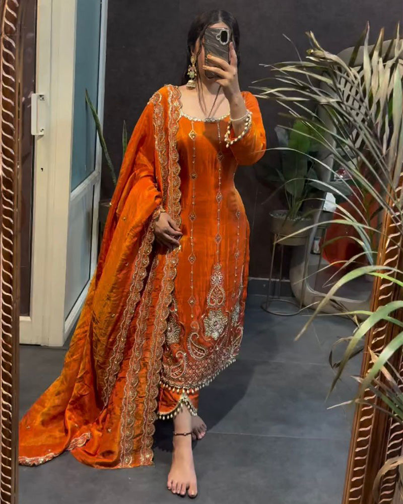 Rust Orange Color Fendi Silk Three Piece Kurti Suit