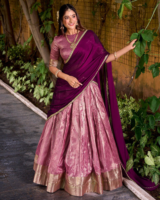 Pink Color Dupion Silk Zari Weaving Half Saree