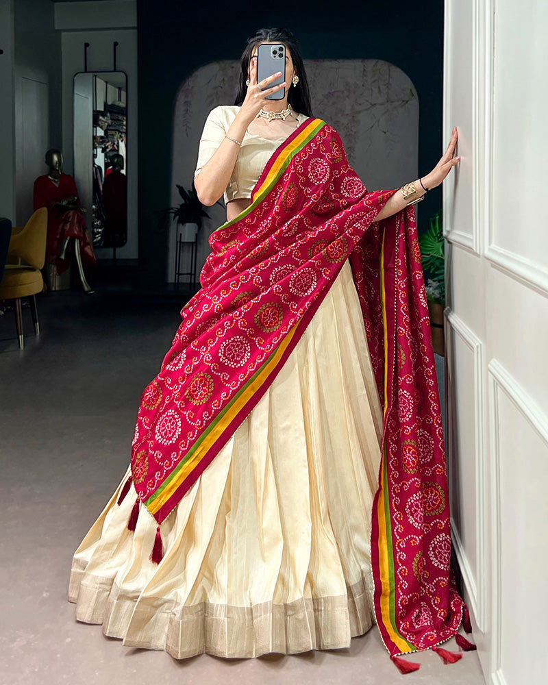 Off-White Color Poly Kotha Tasar Silk Half Saree