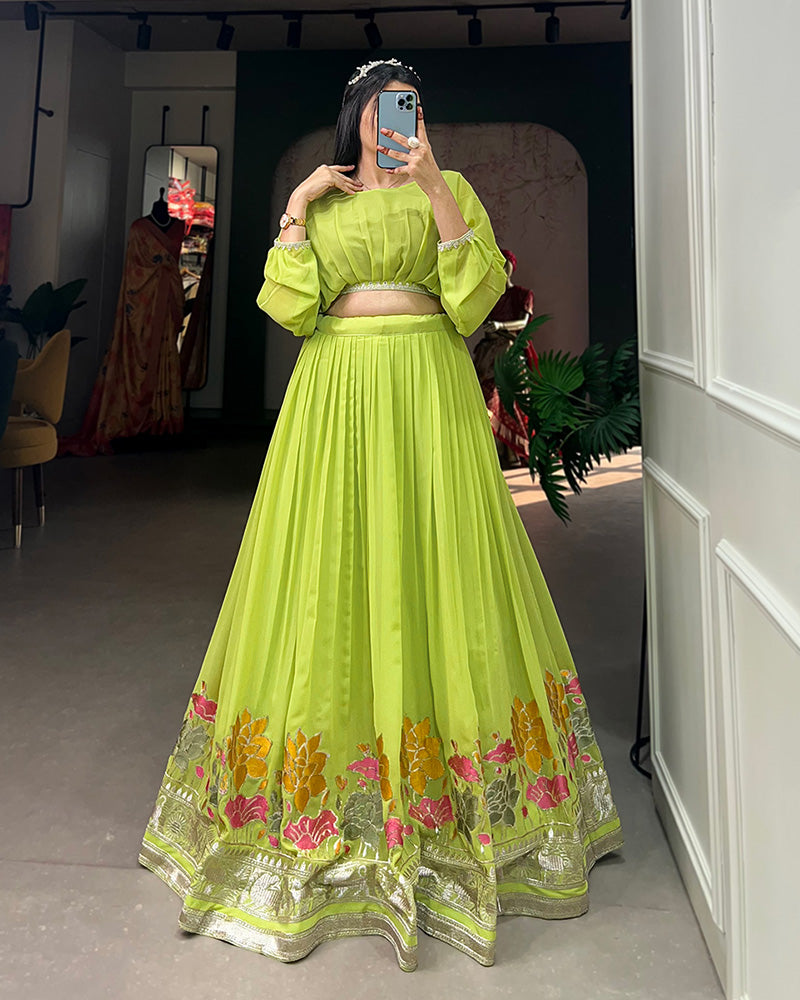 Designer Parrot Color Georgette Crop Top Lehenga Choli