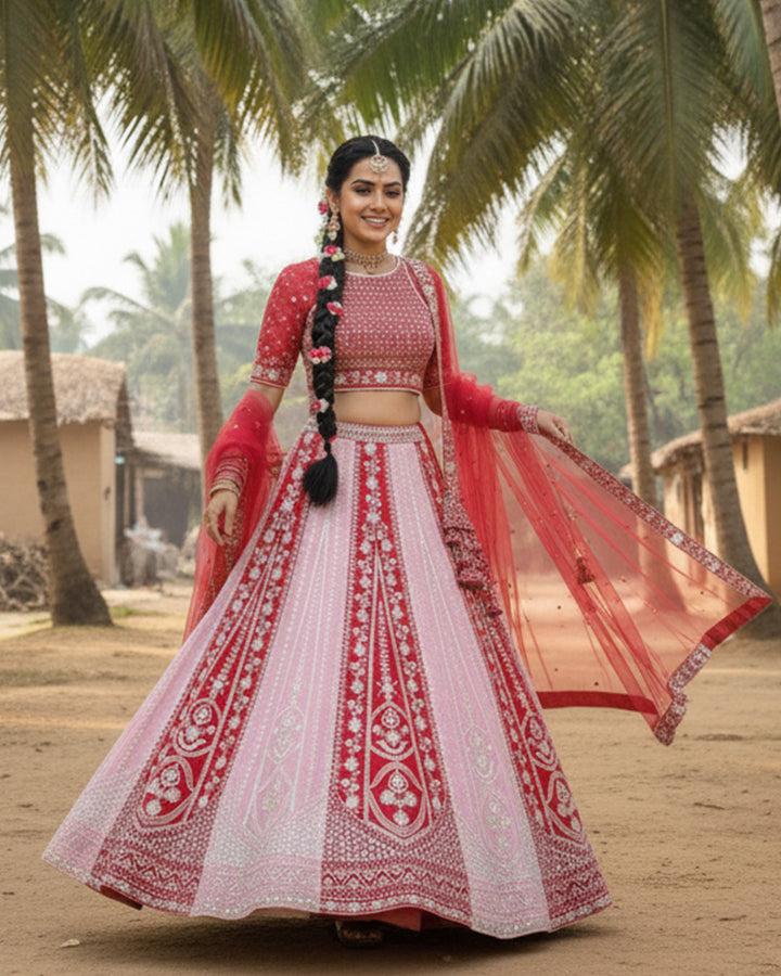 Wedding Wear Baby Pink And Red Color Georgette Lehenga Choli