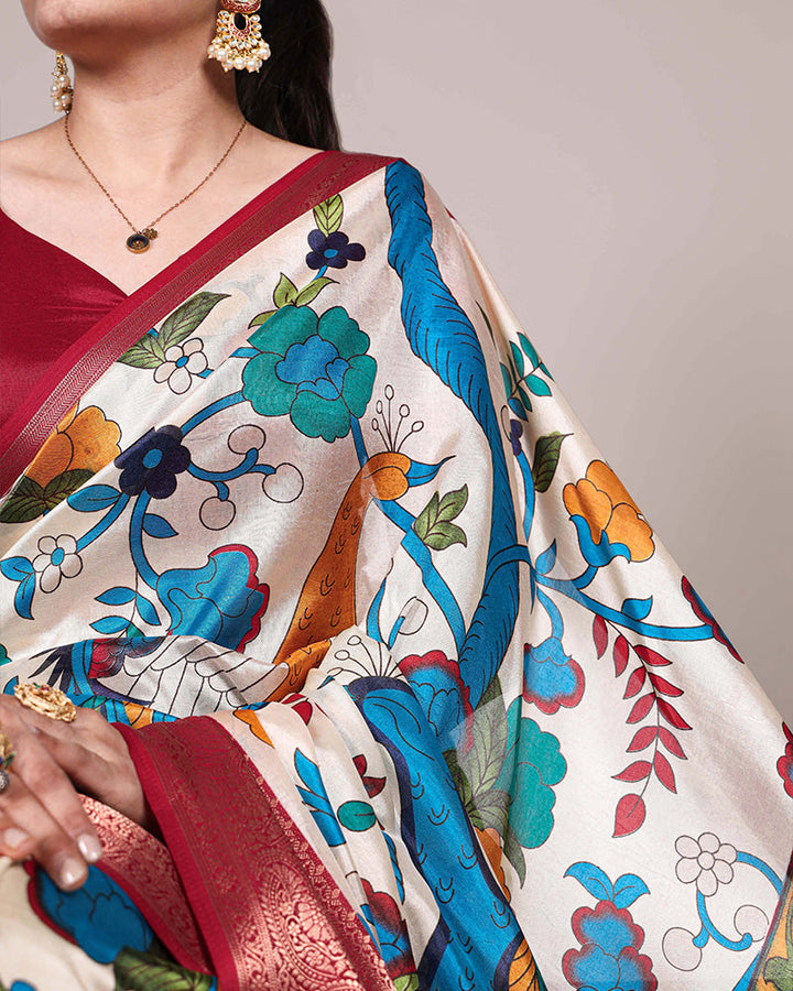 Off-White Color Tasar Silk Ethnic Printed Saree