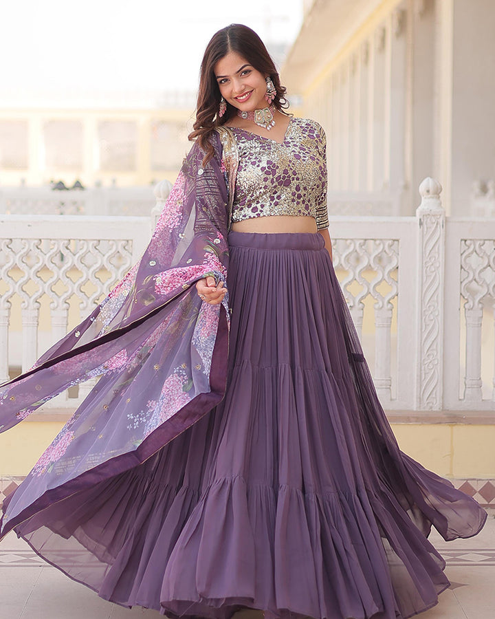 Designer Lavender Color Faux Georgette Three Layer Lehenga Choli