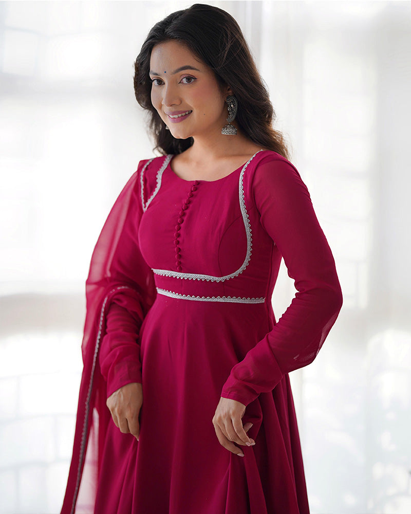 Rose Pink Color Georgette Anarkali With Pant And Dupatta