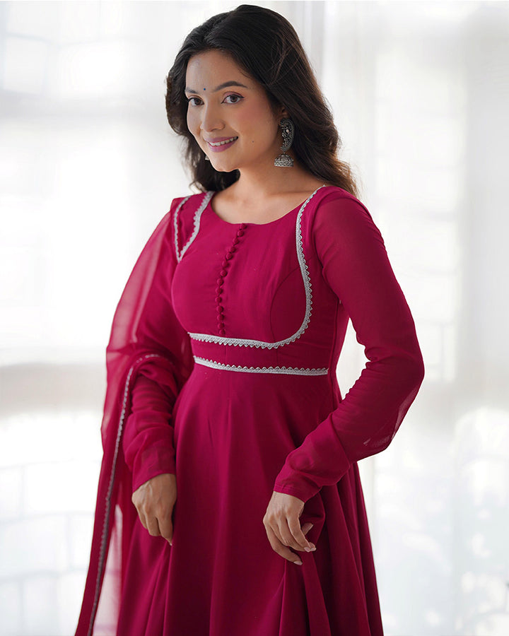 Rose Pink Color Georgette Anarkali With Pant And Dupatta
