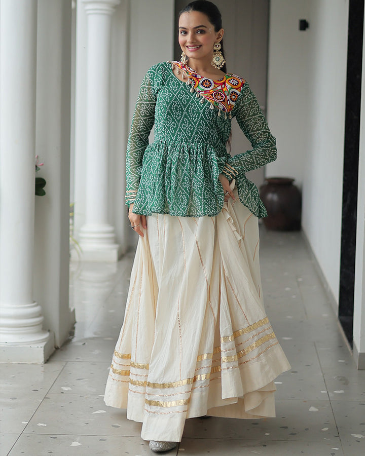 Peplum Style Green Bandhej Choli With Cotton Lehenga