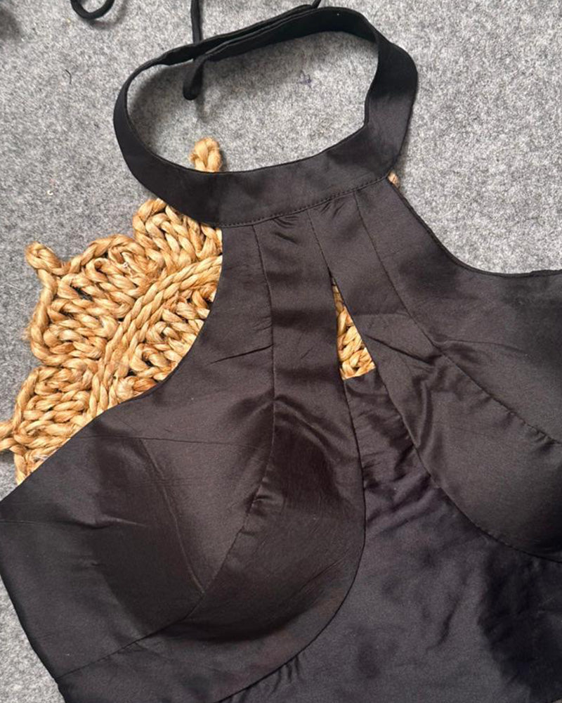 Fancy Black Color Cotton Silk Spaghetti Blouse