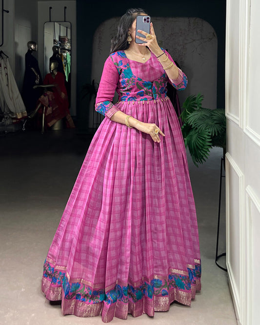 Designer Pink Color Polyster Viscose Chanderi Gown