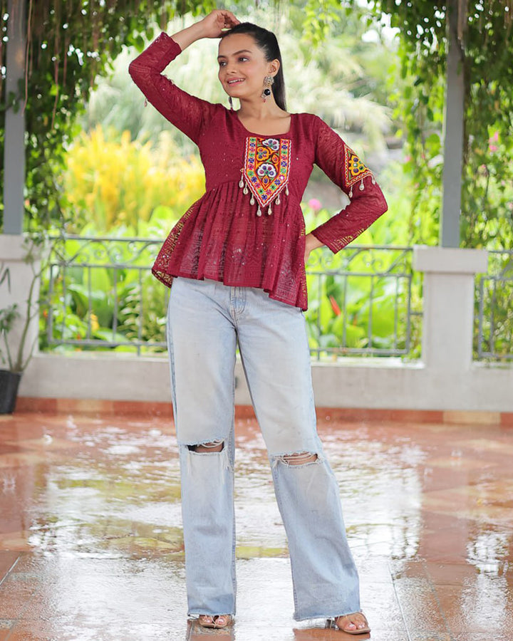 Maroon Color Georgette Lucknowi Work Navratri Kediya