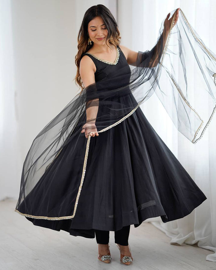 Designer Black Color Roman Chanderi Silk Anarkali Suit
