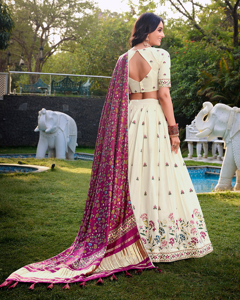 Flower Design Off-White Color Khadi Cotton Embroidered Lehenga Choli