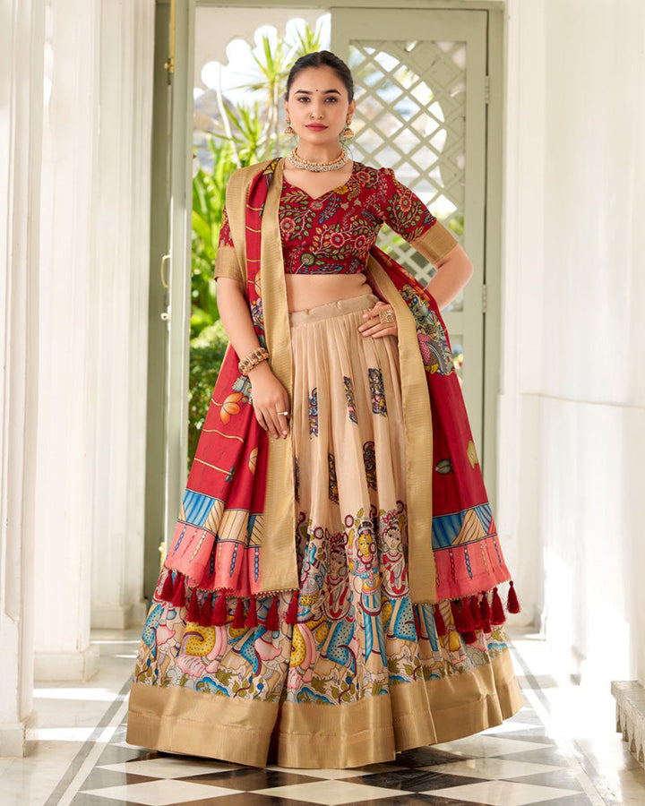 Cream Color Dola Silk Designer Kalamkari Print Half Saree