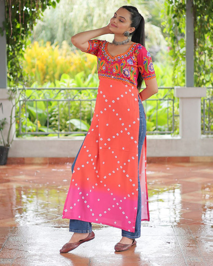 Navratri Special Orange Pink Color Rayon Kutchi Work Kurti