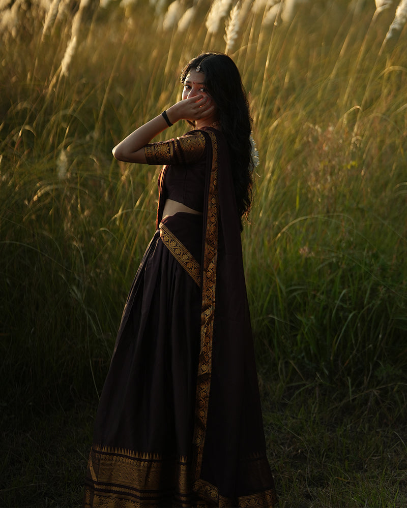 Dark Brown Color Kanjivaram Silk Zari Weaving Half Saree