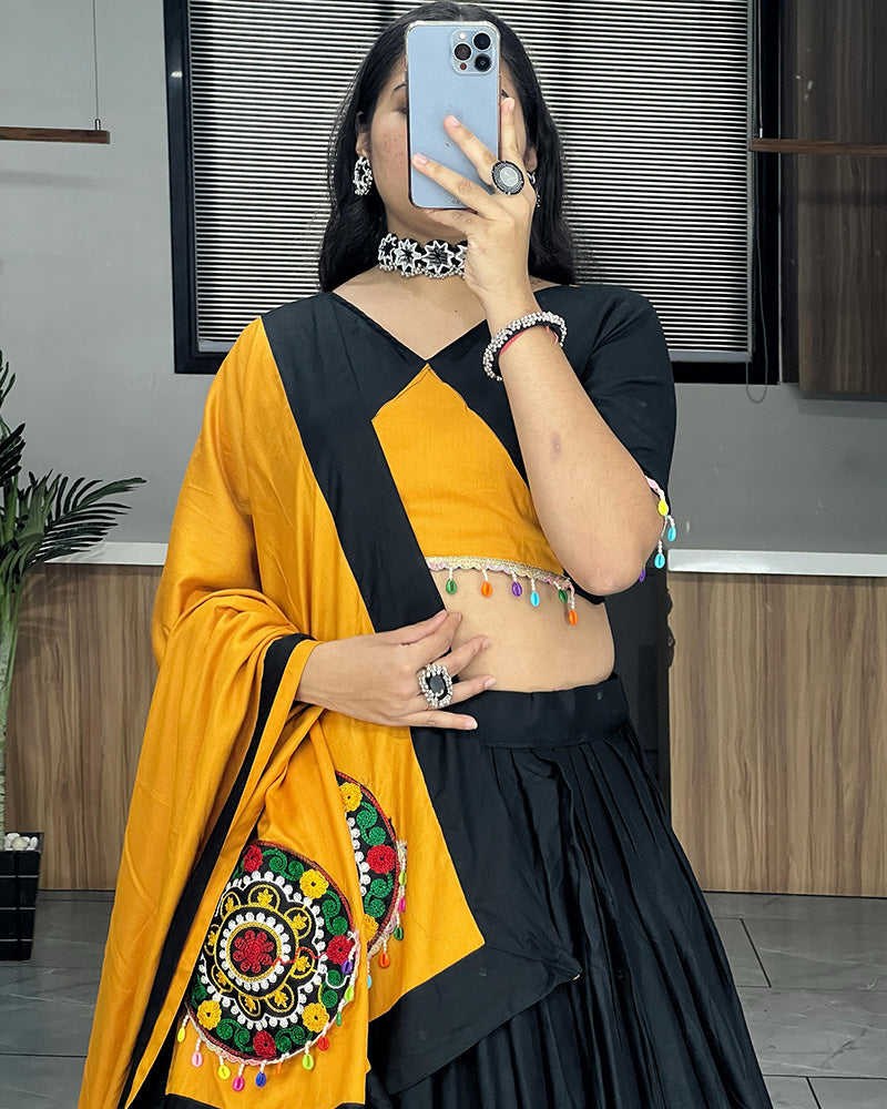 Vibrant Mustard and Black Rayon Cotton Navratri Lehenga Choli