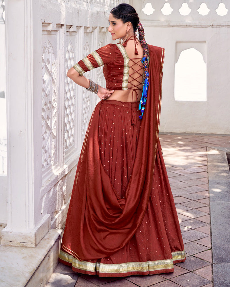 Elegant Rust Orange Color Pure Chanderi Full Stitched Lehenga Choli