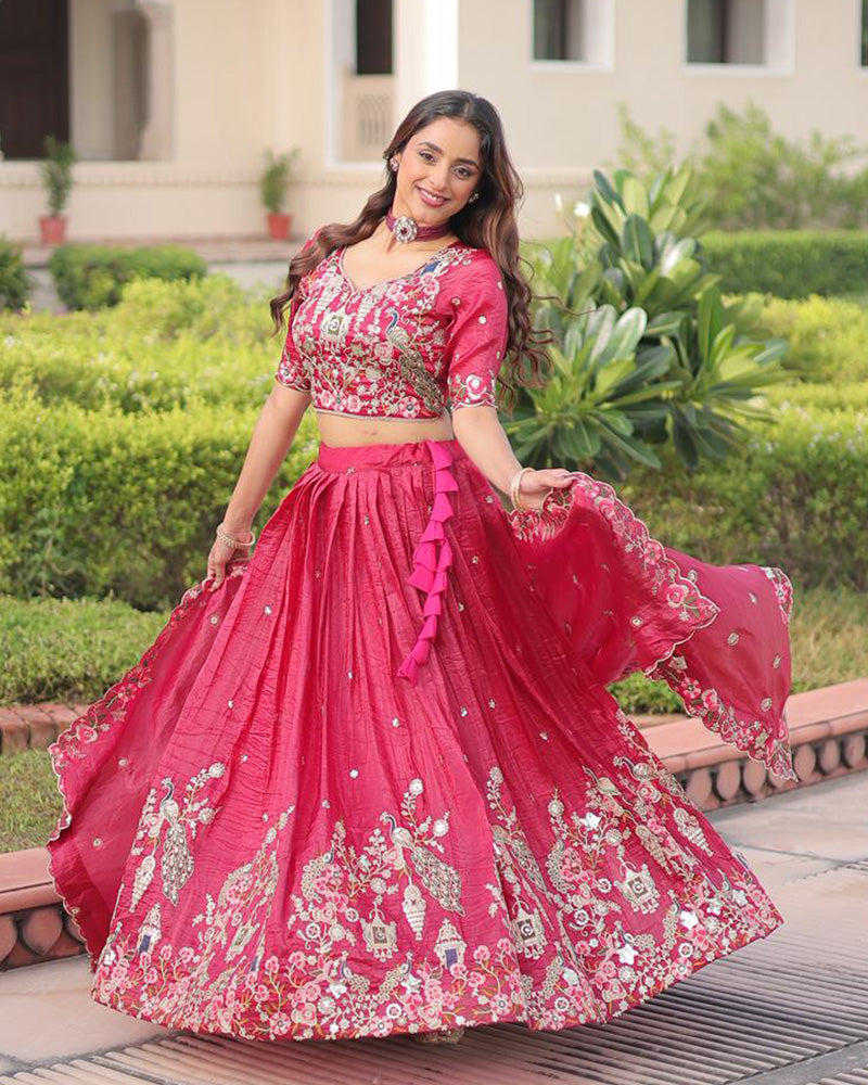 Tomato Color Gold Crush Embroidered Lehenga Choli