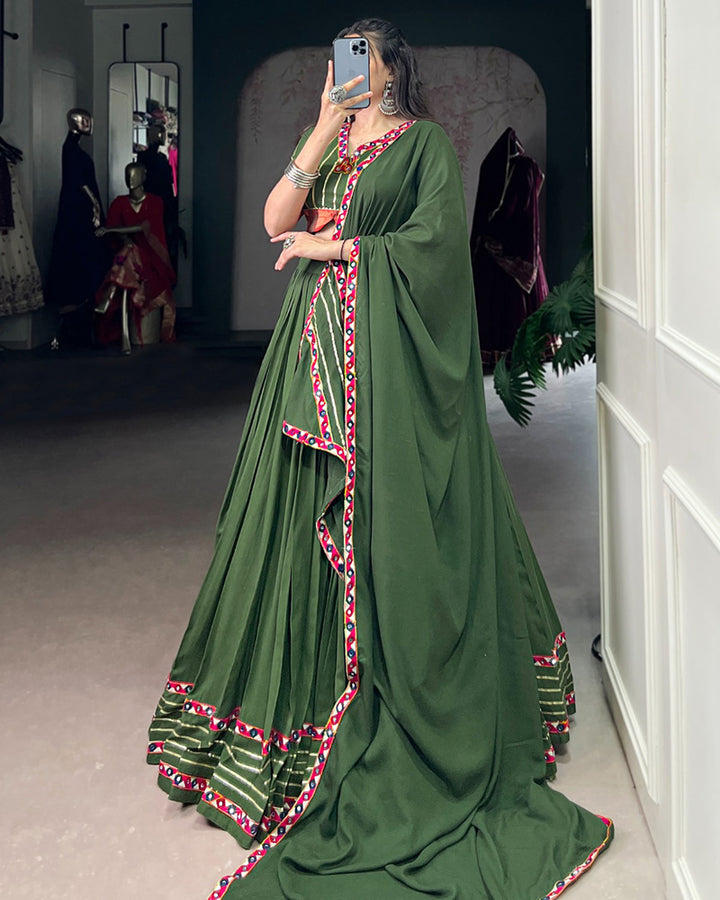 Vibrant Mehndi Color Rayon Gamthi Work Navratri Lehenga Choli