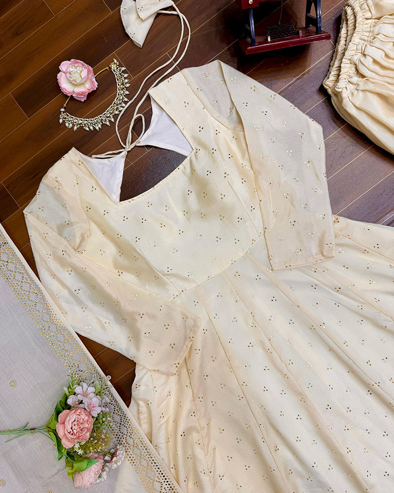 Cream Color Chinnon Silk Mukaish Work Plazzo Suit