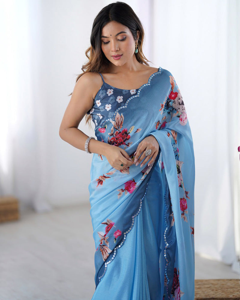 Sky Blue Color Chinnon Silk Digital Printed Saree