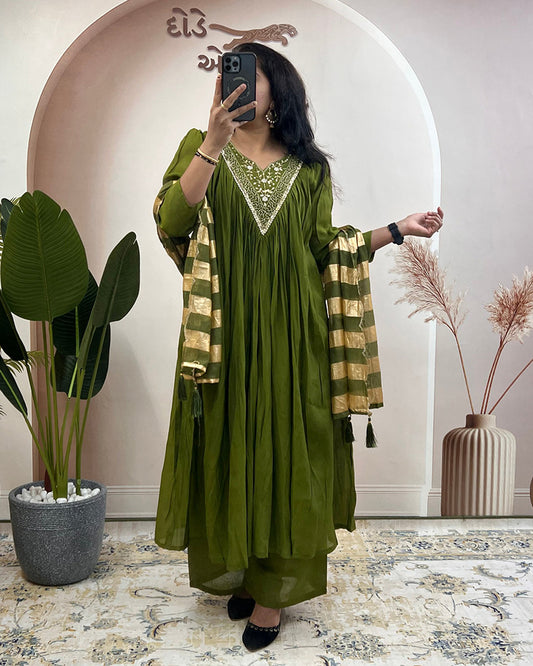 Mehndi Color Pure Mal Chanderi Plazzo Suit