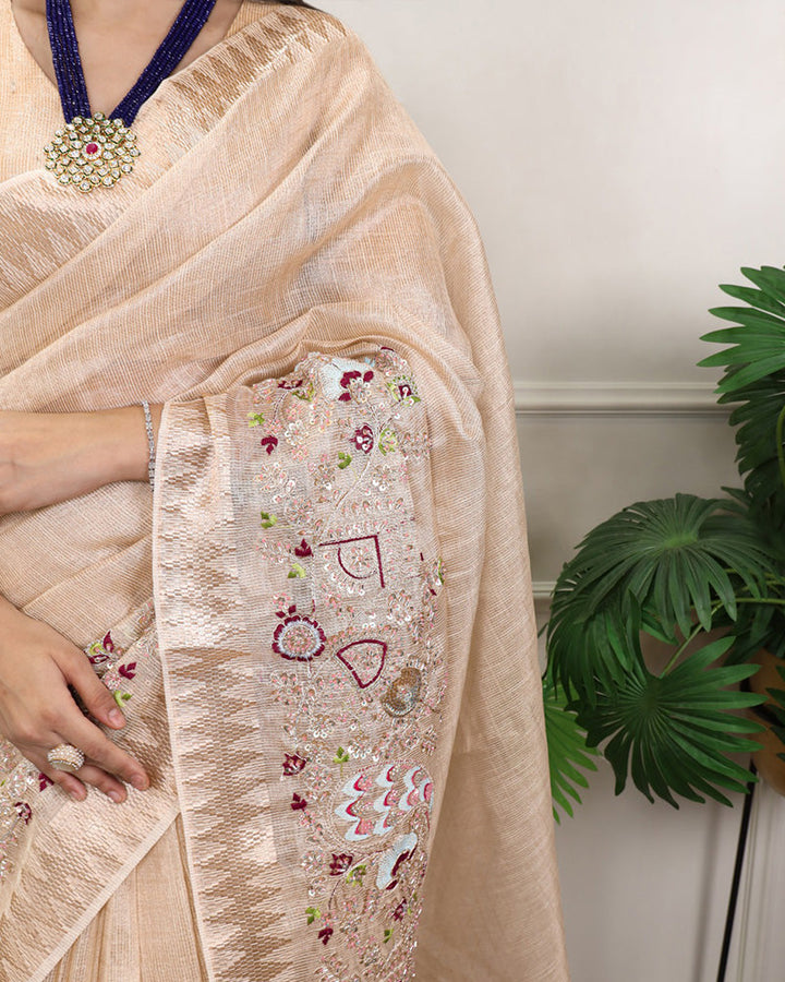Cream Color Embroidered Kota Tissue Saree