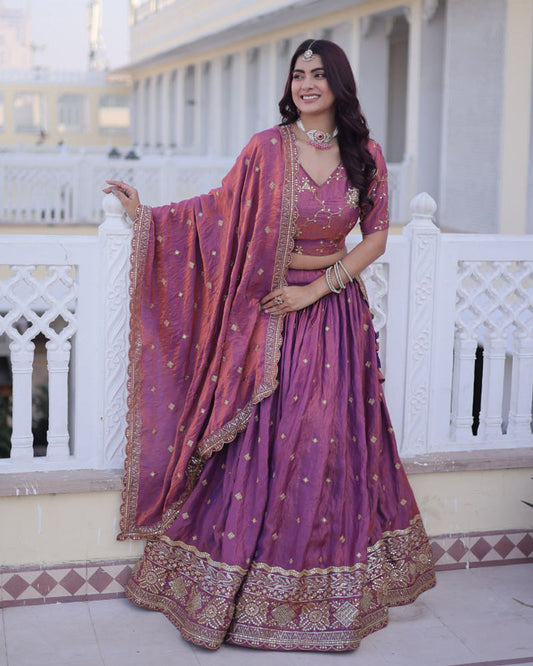 Dusty Onion Color Ysl Silk Embroidered Lehenga Choli
