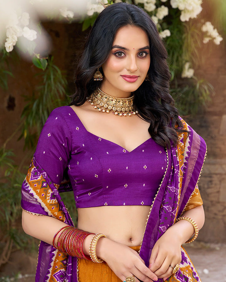 Designer Patola Printed Mustard Color Tussar Silk Lehenga Choli