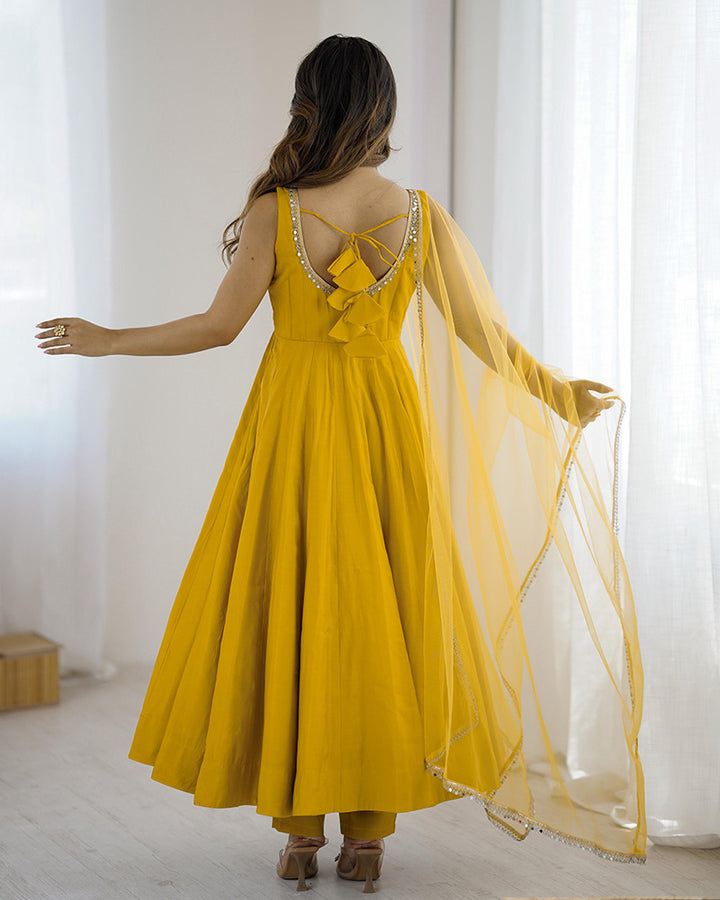 Designer Yellow Color Roman Chanderi Silk Anarkali Suit