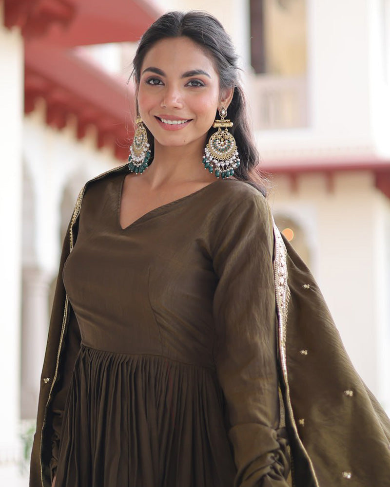 Mehndi Olive Color Vichitra Silk Sequence Embroidered Gown