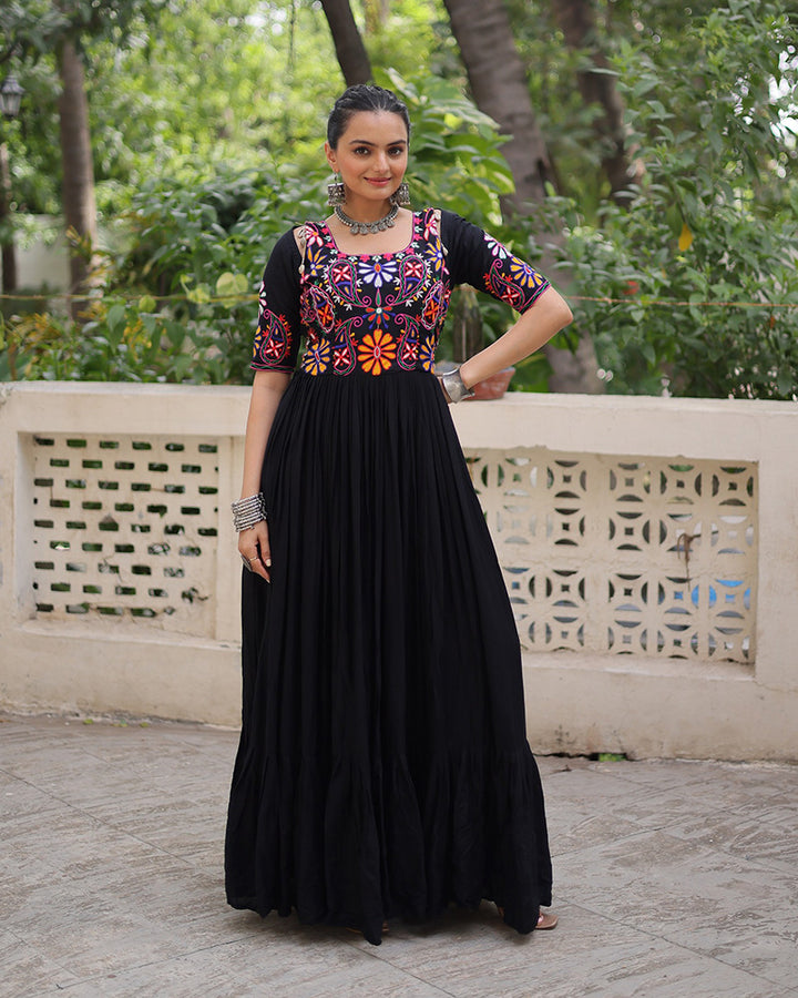 Navratri Wear Black Color Rayon Gamthi Work Gown