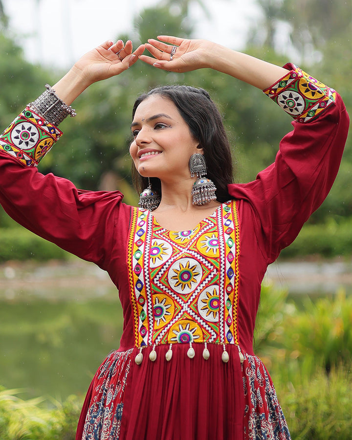 Navratri Special Maroon Color Reyon Gamthi Style Gown