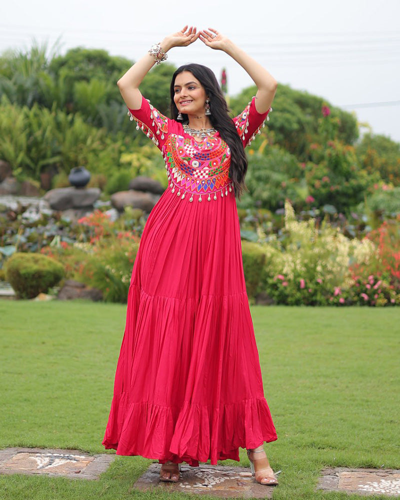 Navratri Wear Rani Pink Color Rayon Gamthi Work Gown