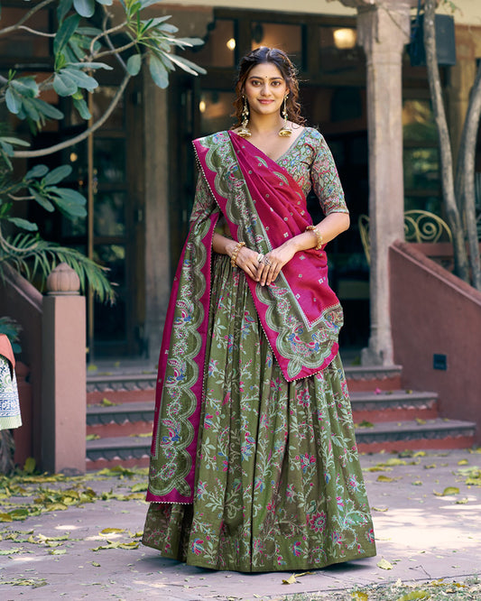Bottle Green Color Tasar Silk Foil Printed Lehenga Choli