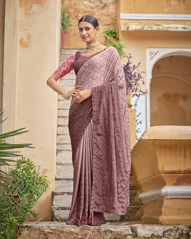 Dusty Pink Color Chinnon Sequence Saree