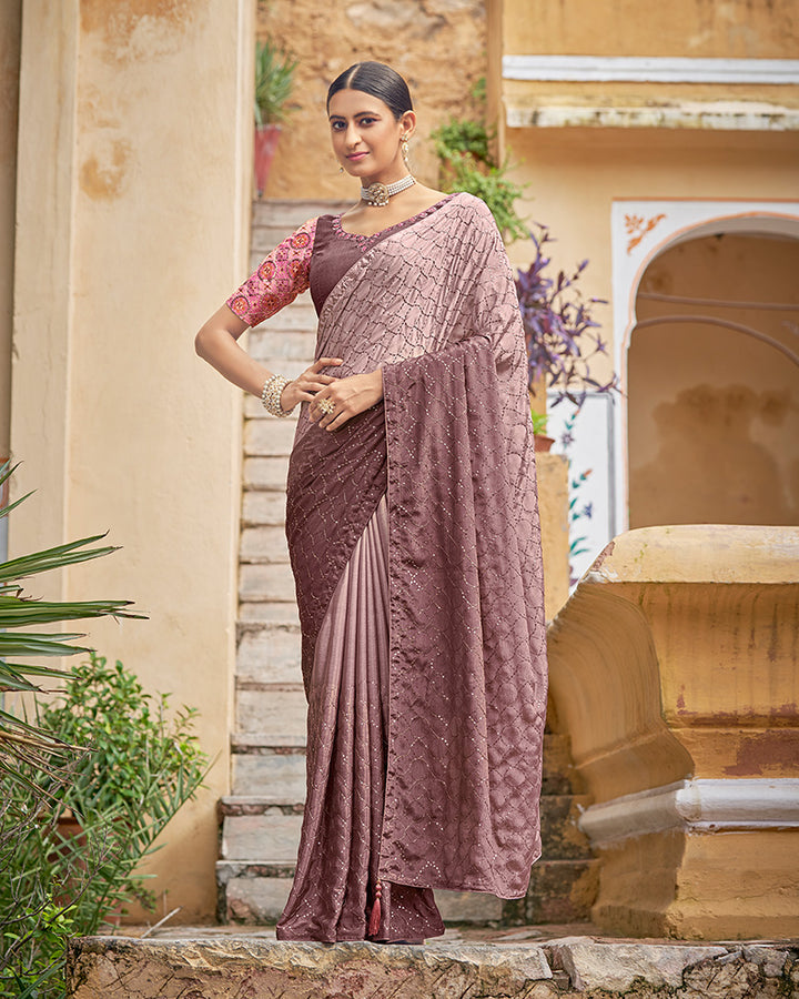 Dusty Pink Color Chinnon Sequence Saree
