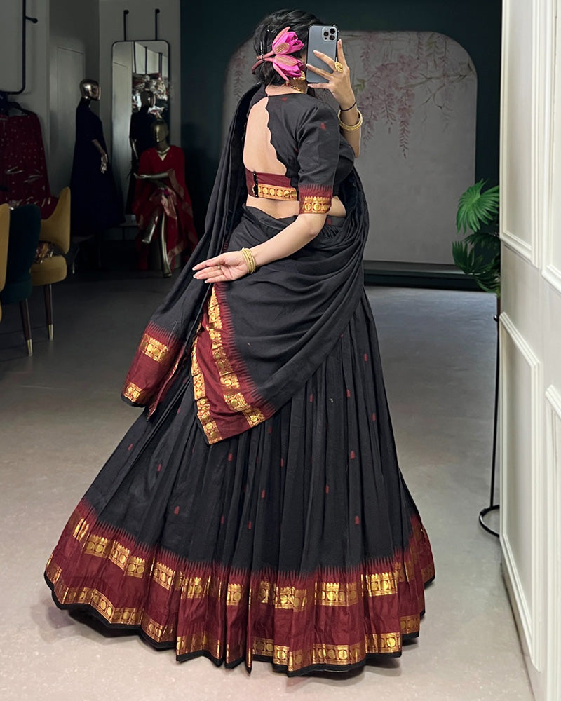 Traditional Black Color Chanderi Half Saree With Zari Detailing