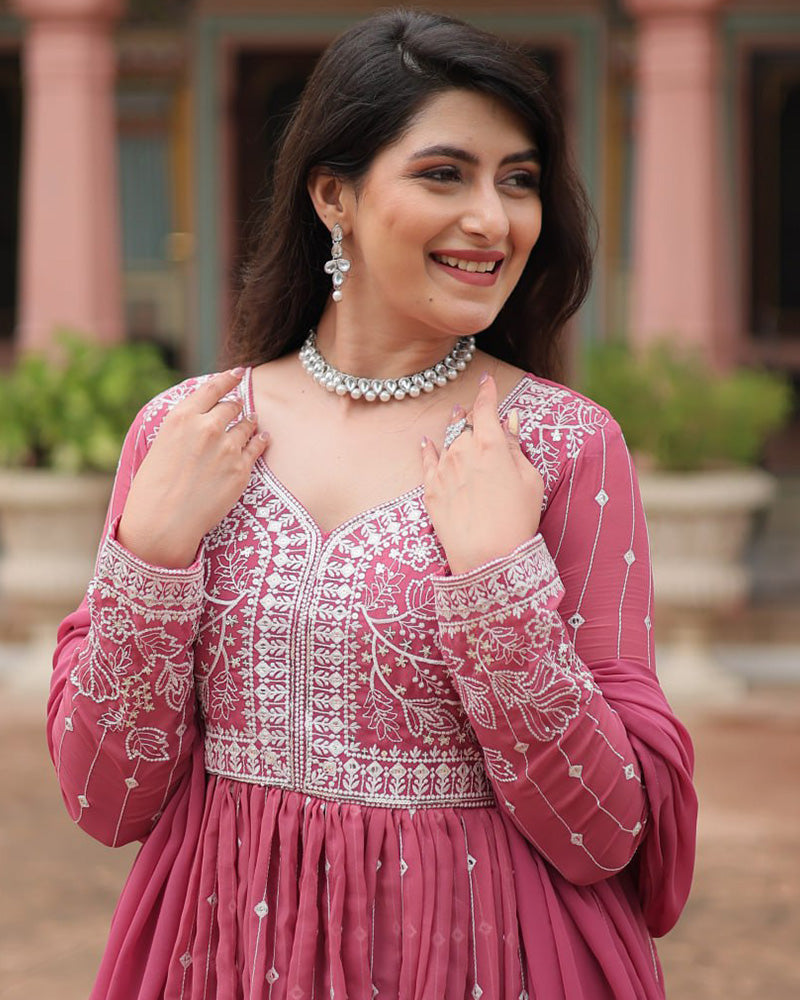 Dusty Mauve Color faux Georgette Embroidered Sharara Suit