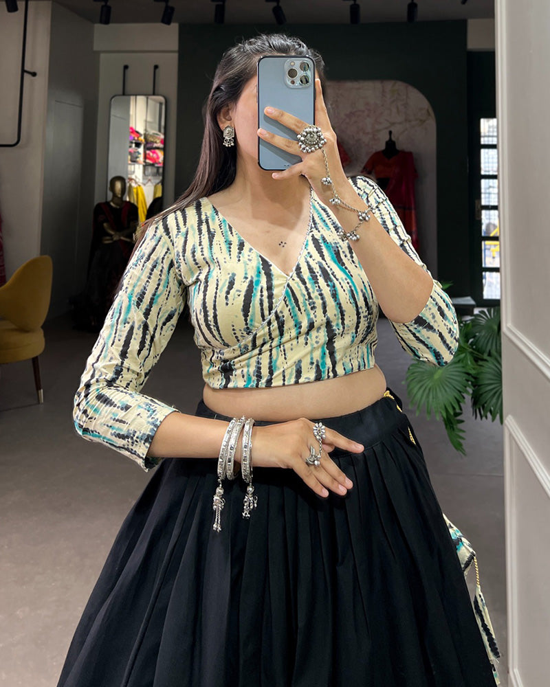 Navy Blue Color Cotton Shibori Printed Navratri Lehenga Choli