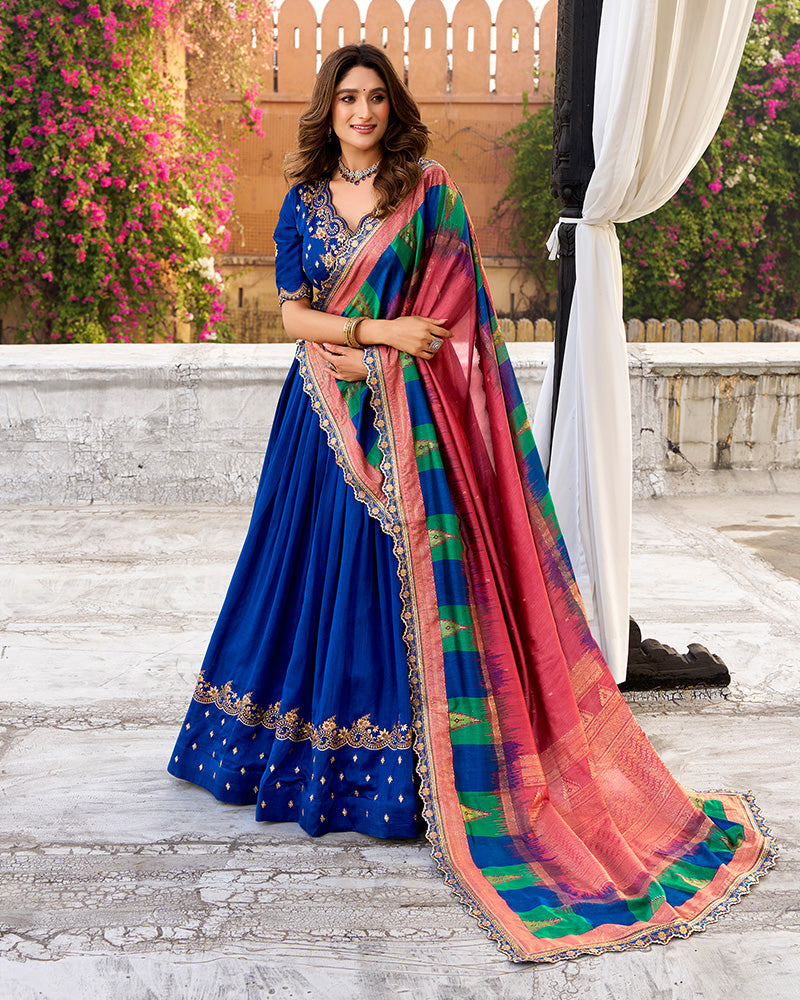 Designer Royal Blue Color Vichitra Silk Embroidered Lehenga Choli
