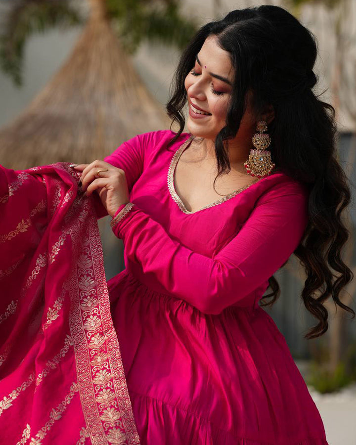Rani Pink Color Roman Chanderi Silk Ruffle Style Anarkali Suit