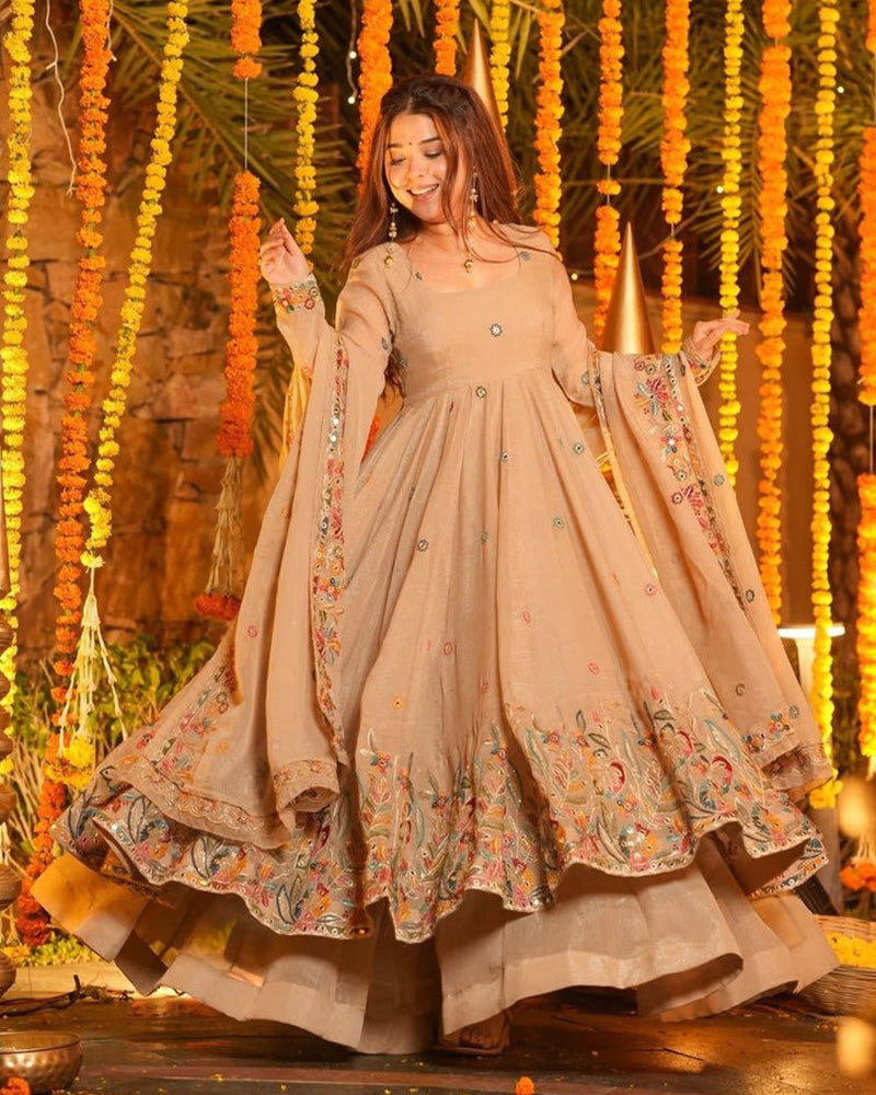 Cream Color Crunchy Silk Embroidered Sharara Suit