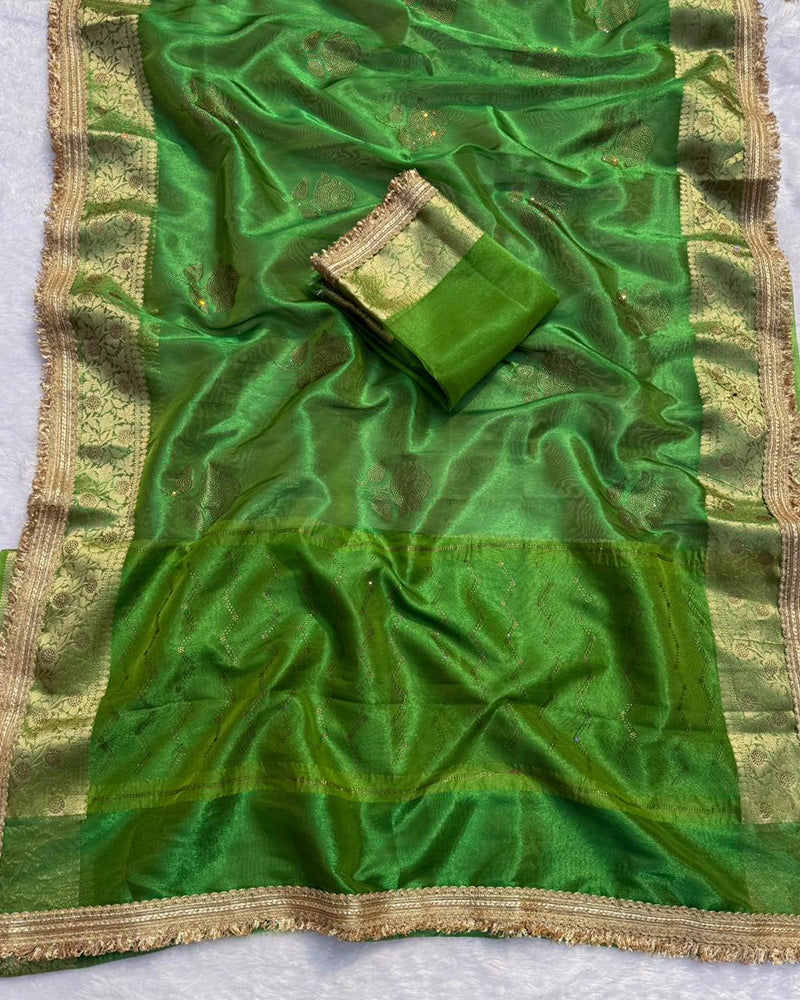 Premium Green Color Organza Tissue Silk Saree