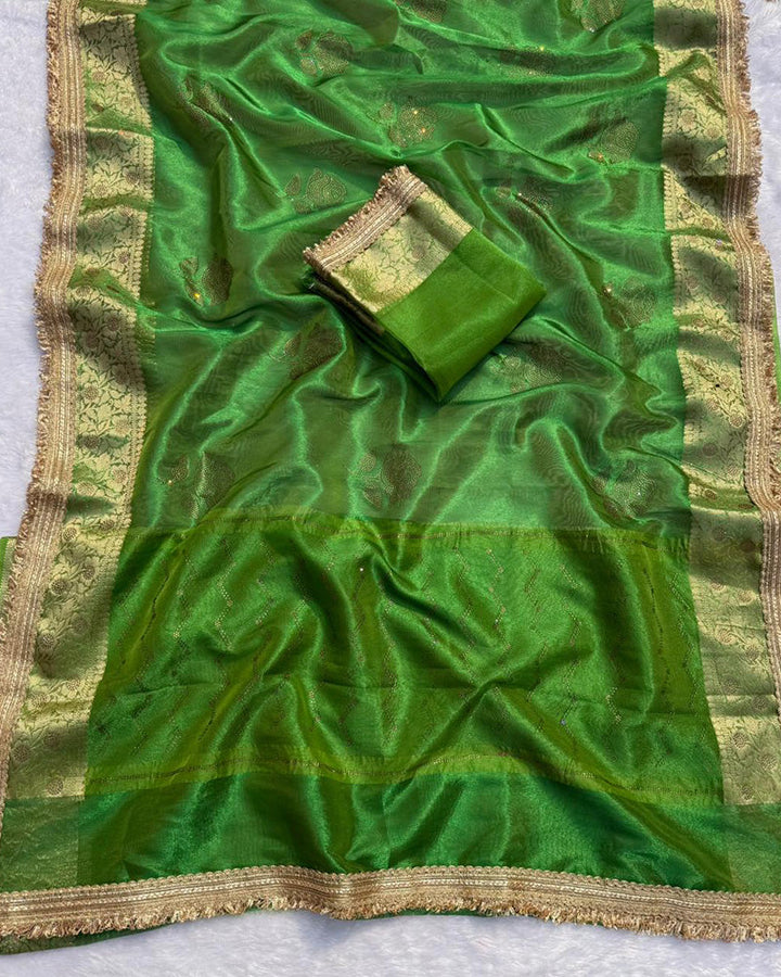 Premium Green Color Organza Tissue Silk Saree