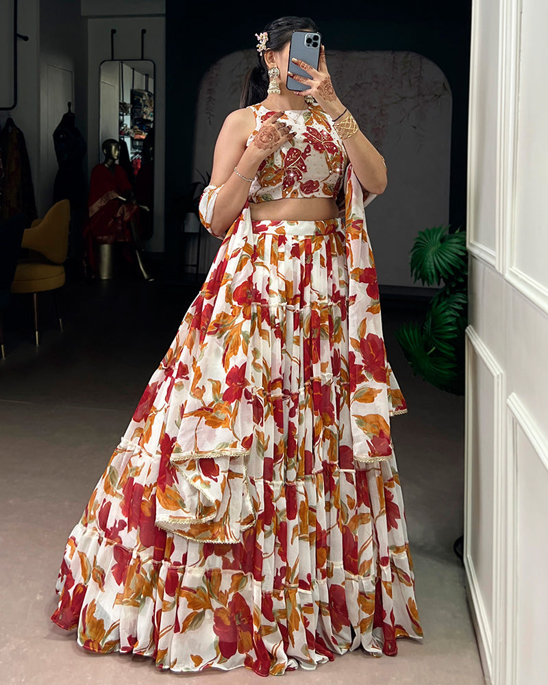 White Color Marble Floral Printed Lehenga Choli